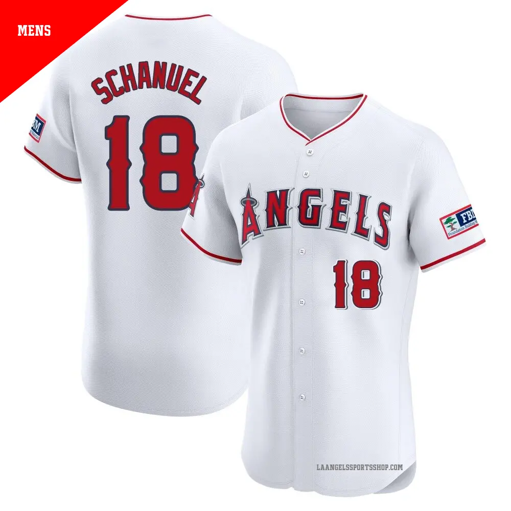 Men's ＃18 Nolan Schanuel Los Angeles Angels White Elite Home Patch Jersey