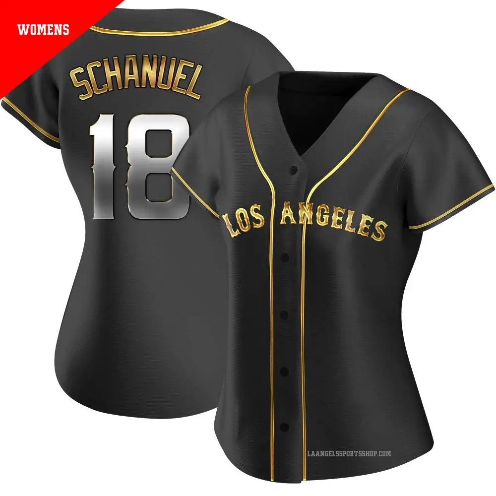 Women's ＃18 Nolan Schanuel Los Angeles Angels Gold Replica Black en Alternate Jersey