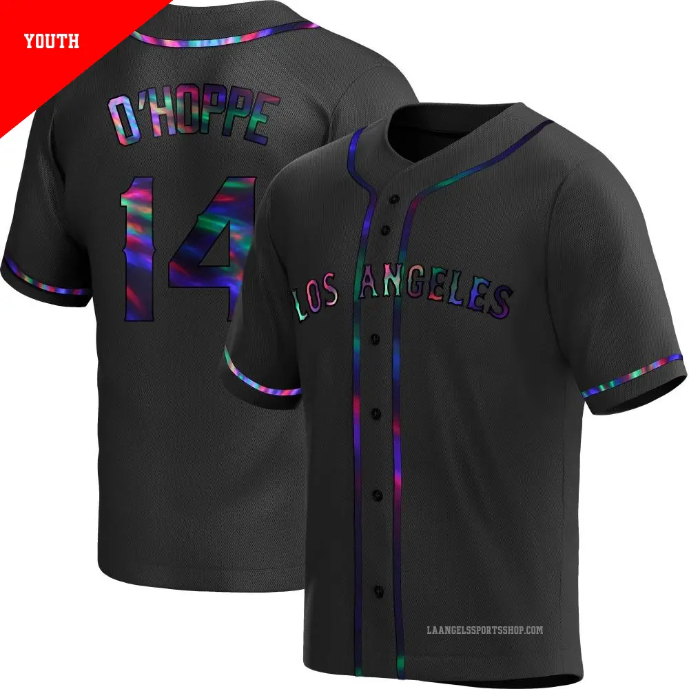 Youth ＃14 Logan O'Hoppe Los Angeles Angels Black Replica Holographic Alternate Jersey